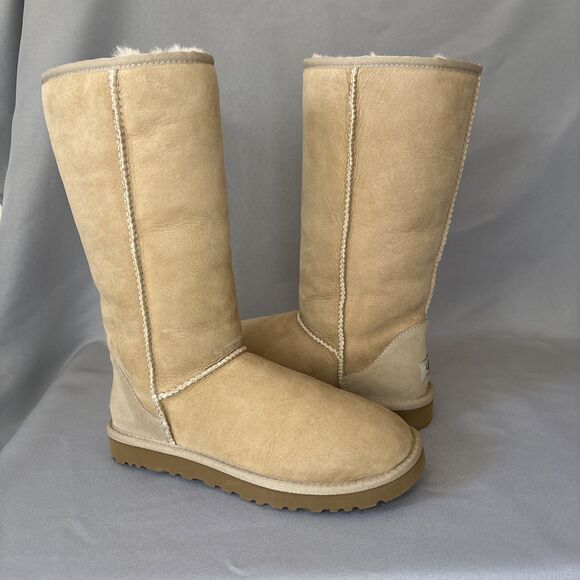 Womens UGG Boots Sz 7 Classic Tall Sand Sheepskin Suede Wool Boho Festival $220 - Picture 1 of 15